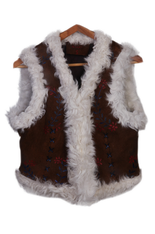 Vintage-Inspired Suede Leather Vest with Sheep Fur | Brown